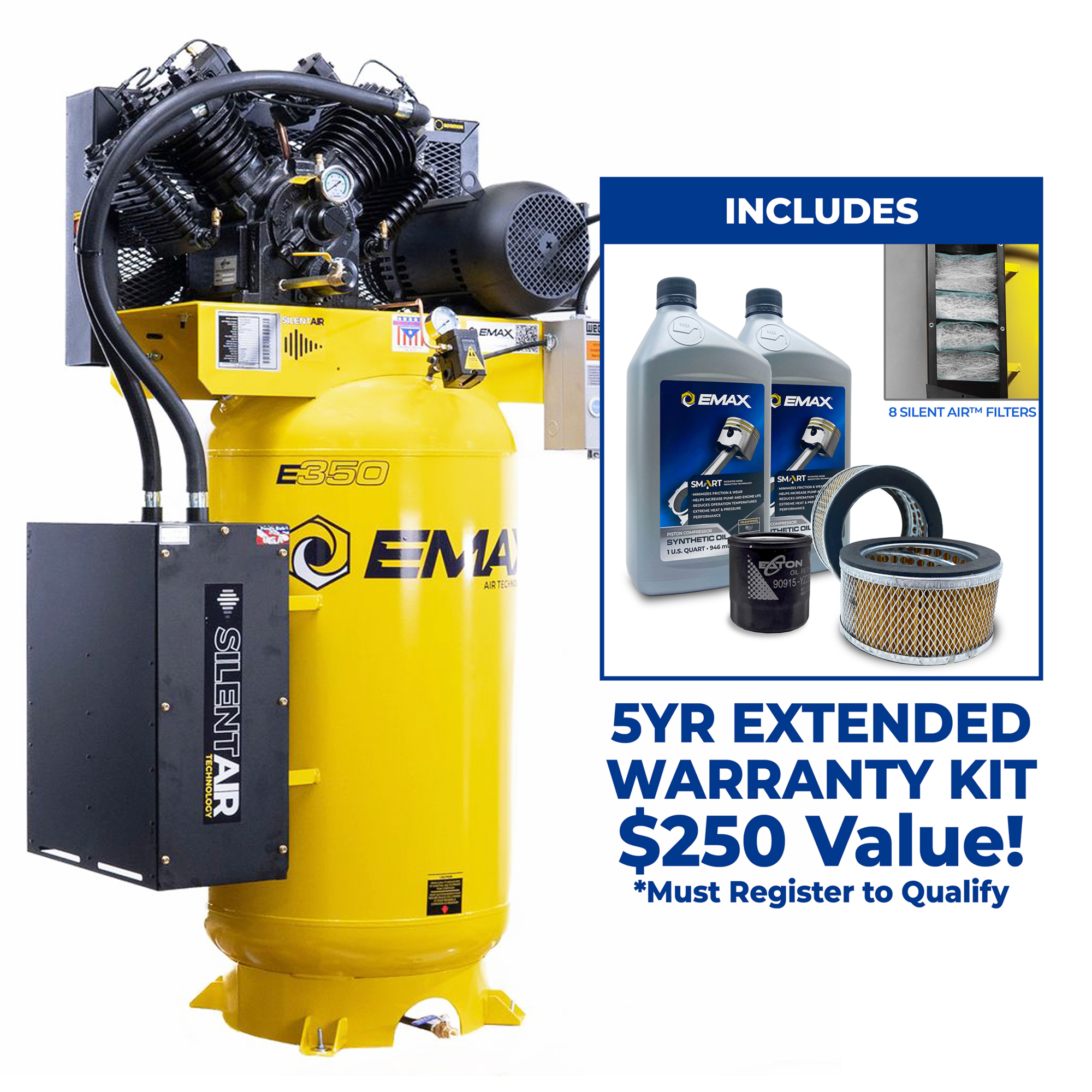 EMAX Silent Air 7.5HP 80-Gal Air Compressor – 31CFM, Two-Stage, 4-Cylinder , Pressure Lube, Includes Maintenance Kit